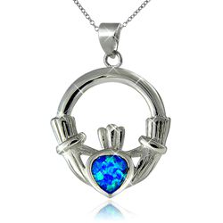 Blue Fire Opal Claddagh Pendant in Sterling Silver Blue Fire Opal Claddagh Pendant in Sterling Silver